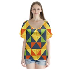 Background Geometric Color V-neck Flutter Sleeve Top by Wegoenart