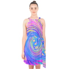 Cool Abstract Pink Blue And Yellow Twirl Liquid Art Halter Collar Waist Tie Chiffon Dress by myrubiogarden