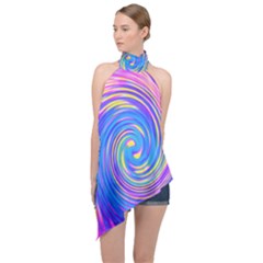 Cool Abstract Pink Blue And Yellow Twirl Liquid Art Halter Asymmetric Satin Top by myrubiogarden