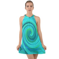 Groovy Cool Abstract Aqua Liquid Art Swirl Painting Halter Tie Back Chiffon Dress by myrubiogarden