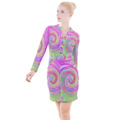 Groovy Abstract Pink And Blue Liquid Swirl Painting Button Long Sleeve Dress by myrubiogarden
