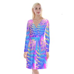 Pink, Blue And Yellow Abstract Coneflower Long Sleeve Velvet Front Wrap Dress by myrubiogarden