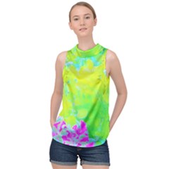 Fluorescent Yellow And Pink Abstract Garden Foliage High Neck Satin Top