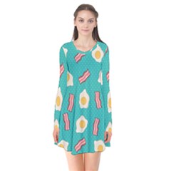 Bacon And Egg Pop Art Pattern Long Sleeve V-neck Flare Dress by Valentinaart