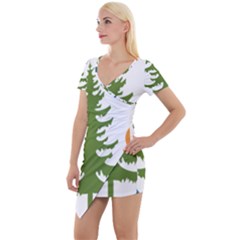 Forest Christmas Tree Spruce Short Sleeve Asymmetric Mini Dress by Desi8484