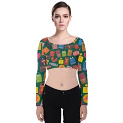 Presents Gifts Background Colorful Velvet Long Sleeve Crop Top by Pakrebo