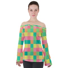 Checkerboard Pastel Squares Off Shoulder Long Sleeve Top