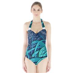 Oceanic Fractal Turquoise Blue Halter Swimsuit by Pakrebo