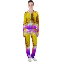 Purple, Pink And White Dahlia With A Bright Yellow Center Casual Jacket And Pants Set by myrubiogarden
