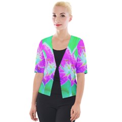 Hot Pink Stargazer Lily On Turquoise Blue And Green Cropped Button Cardigan by myrubiogarden