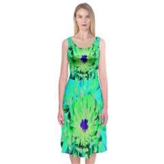 Aqua Cactus Dahlia Midi Sleeveless Dress by myrubiogarden