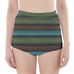Stripes Teal Yellow Brown Grey High-waisted Bikini Bottoms by BrightVibesDesign