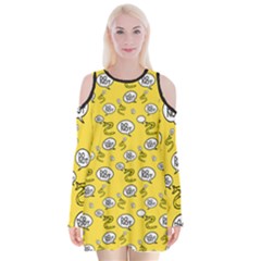 No Step On Snek Do Not Bubble Speech Pattern Yellow Background Meme Velvet Long Sleeve Shoulder Cutout Dress by snek
