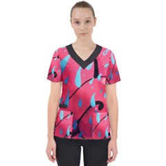 Graffiti Watermelon Pink With Light Blue Drops Retro Women s V-neck Scrub Top by genx