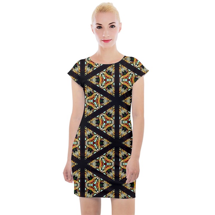 Pattern Stained Glass Triangles Cap Sleeve Bodycon Dress