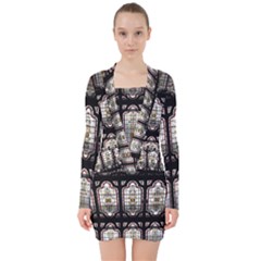 Window Image Stained Glass V-neck Bodycon Long Sleeve Dress by Pakrebo