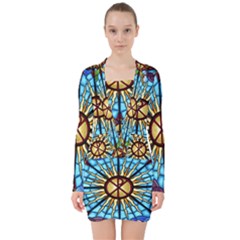 Church Window Stained Glass Church V-neck Bodycon Long Sleeve Dress by Pakrebo