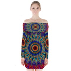 Kaleidoscope Mandala Pattern Long Sleeve Off Shoulder Dress by Pakrebo