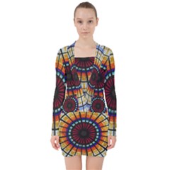 Background Stained Glass Window V-neck Bodycon Long Sleeve Dress by Pakrebo