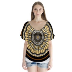 Mandala Pattern Round Ethnic V-neck Flutter Sleeve Top by Pakrebo