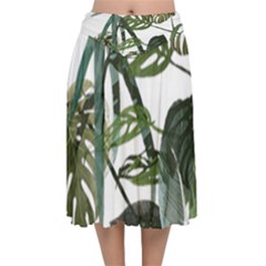 Botanical Illustration Palm Leaf Velvet Flared Midi Skirt