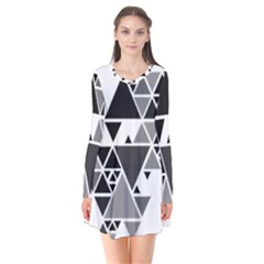 Gray Triangle Puzzle Long Sleeve V-neck Flare Dress