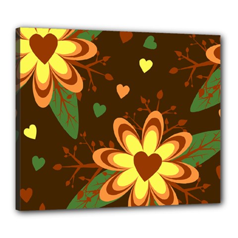 Floral Hearts Brown Green Retro Canvas 24  X 20  (stretched)