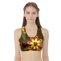 Floral Hearts Brown Green Retro Sports Bra With Border