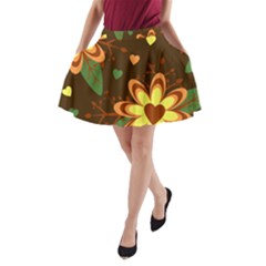 Floral Hearts Brown Green Retro A-line Pocket Skirt
