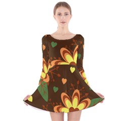Floral Hearts Brown Green Retro Long Sleeve Velvet Skater Dress