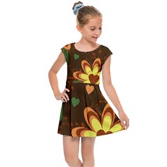 Floral Hearts Brown Green Retro Kids  Cap Sleeve Dress
