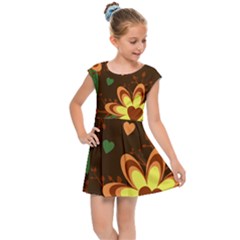 Floral Hearts Brown Green Retro Kids  Cap Sleeve Dress by Pakrebo