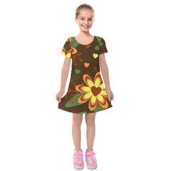 Floral Hearts Brown Green Retro Kids  Short Sleeve Velvet Dress