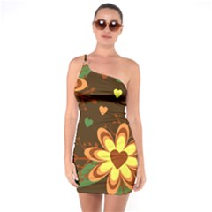 Floral Hearts Brown Green Retro One Soulder Bodycon Dress
