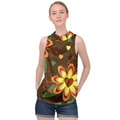 Floral Hearts Brown Green Retro High Neck Satin Top