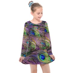 Peacock Feathers Kids  Long Sleeve Dress by WensdaiAmbrose