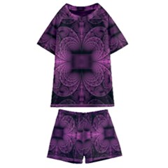 Fractal Magenta Pattern Geometry Kids  Swim Tee And Shorts Set