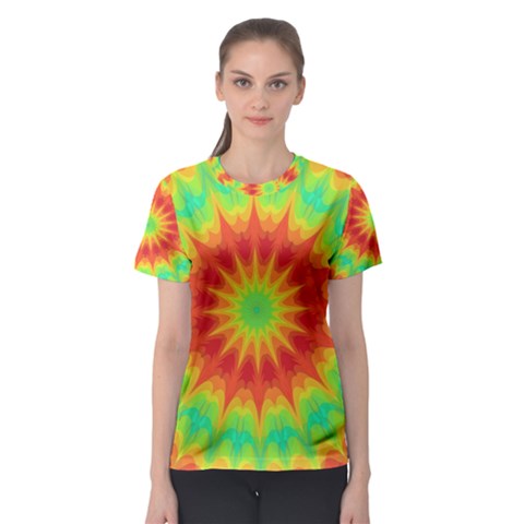 Kaleidoscope Background Mandala Red Green Women s Sport Mesh Tee by Mariart