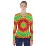 Kaleidoscope Background Mandala Red green V-Neck Long Sleeve Top