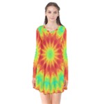 Kaleidoscope Background Mandala Red green Long Sleeve V-neck Flare Dress