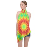 Kaleidoscope Background Mandala Red green Halter Asymmetric Satin Top