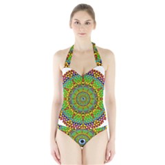 Tile Background Image Graphic Fractal Mandala Halter Swimsuit by Pakrebo