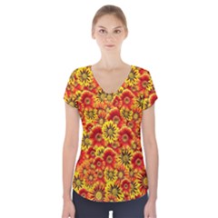 Brilliant Orange And Yellow Daisies Short Sleeve Front Detail Top by retrotoomoderndesigns