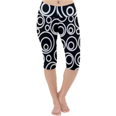 Abstract White On Black Circles Design Lightweight Velour Cropped Yoga Leggings by LoolyElzayat