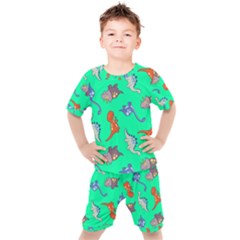 Dinosaurs - Aqua Green Kids  Tee And Shorts Set by WensdaiAmbrose