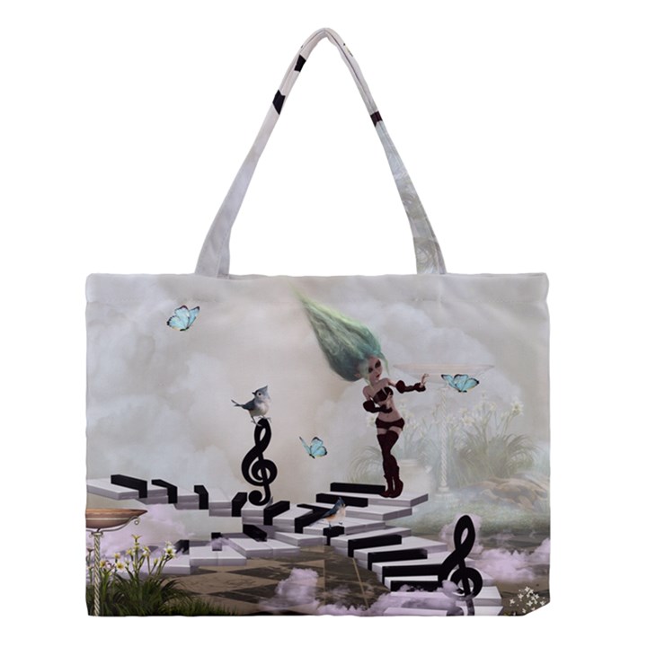 Cute fairy dancing on a piano with butterflies and birds Medium Tote Bag