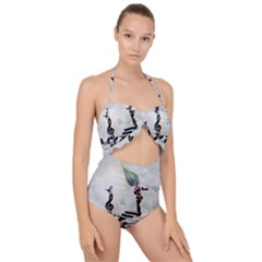 Cute Fairy Dancing On A Piano With Butterflies And Birds Scallop Top Cut Out Swimsuit