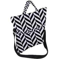 Black And White Herringbone Fold Over Handle Tote Bag by retrotoomoderndesigns