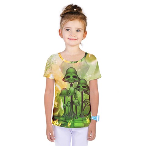 Awesome Funny Mushroom Skulls With Roses And Fire Kids  One Piece Tee by FantasyWorld7