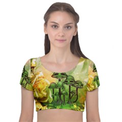 Awesome Funny Mushroom Skulls With Roses And Fire Velvet Short Sleeve Crop Top  by FantasyWorld7